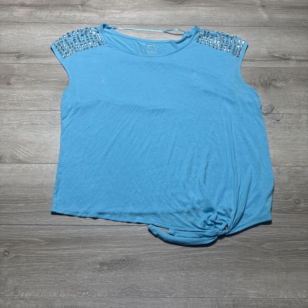 INC International Concepts 1X Blue Rhinestone Shoulder Side Knot Top Plus Size